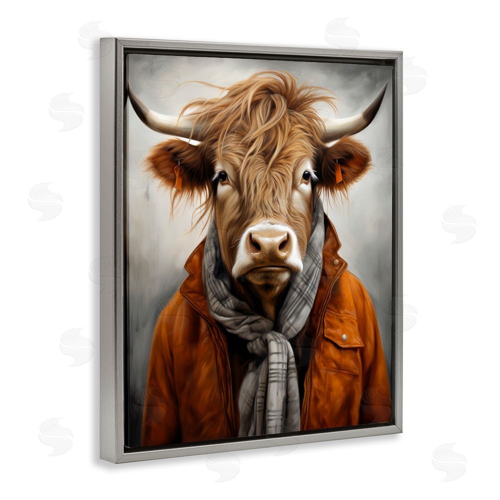 Ray Powers Buster Bull Horn Portrait Gray Floating Frame Canvas Wall Art Print