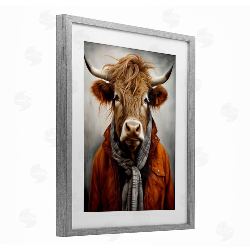 Ray Powers Buster Bull Horn Portrait Gray Framed Print Under Glass Wall Art