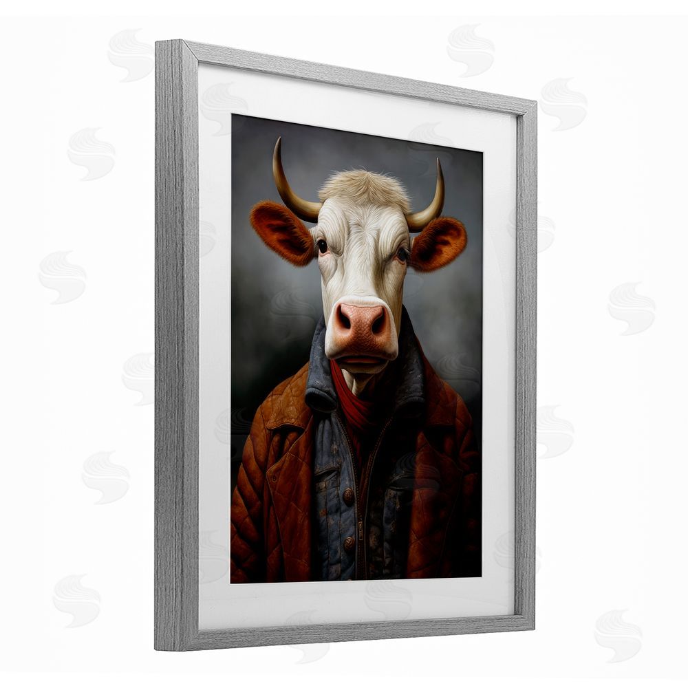 Ray Powers Chianina Style Cow Gray Framed Print Under Glass Wall Art