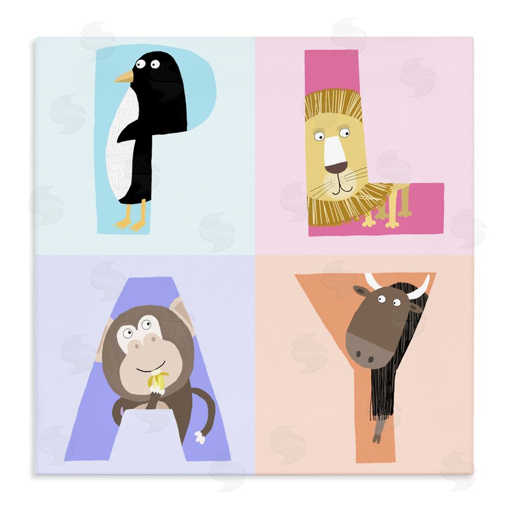 Carla Daly Play Letters Squares with Animals Stretched Canvas Wall Art Print
