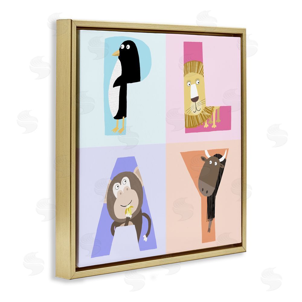 Carla Daly Play Letters Squares with Animals Gold Floating Frame Canvas Wall Art Print