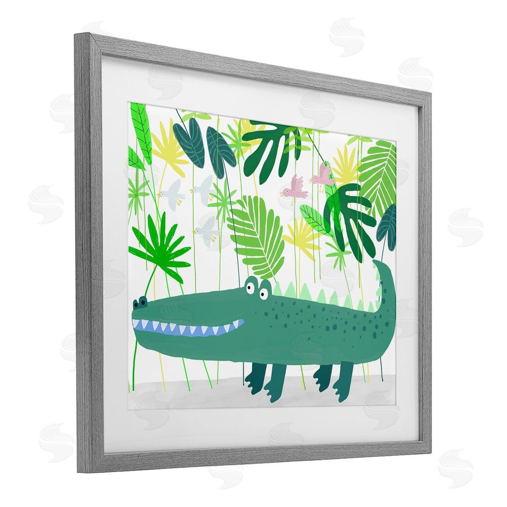 Carla Daly Crocodile Jungle & Leaves Gray Framed Print Under Glass Wall Art