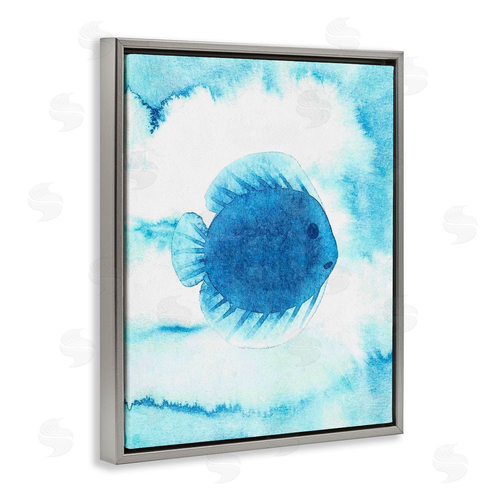 Camila Juncos Round Blue Fish Gray Floating Frame Canvas Art Print
