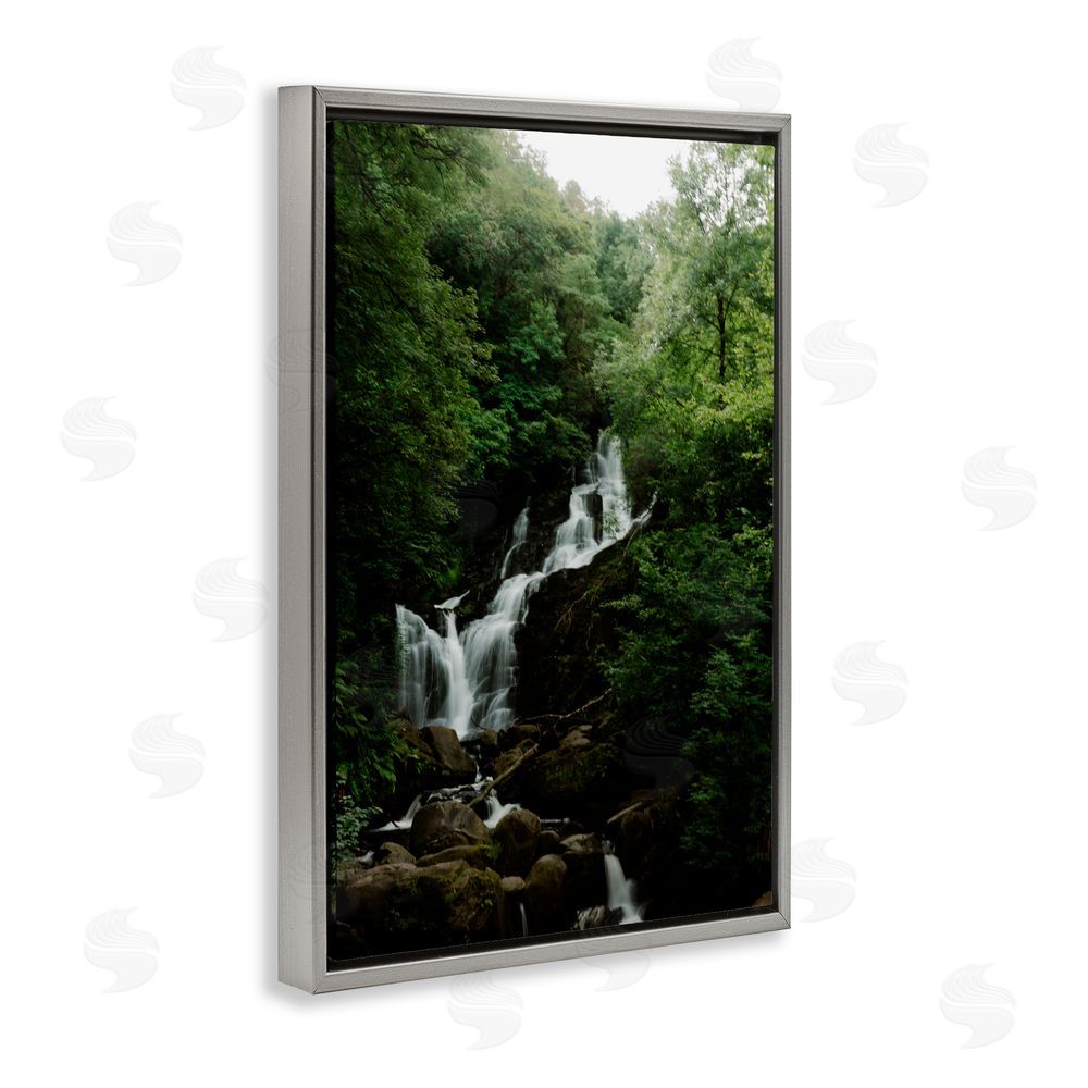 Jade Sharp Photo Cascading Waterfall in Forest Gray Floating Frame Canvas Art Print