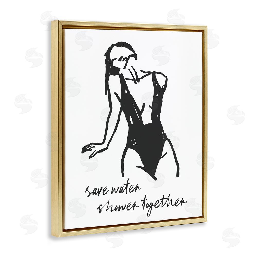 Lettered and Lined Save Water Shower Together Gold Floating Frame Canvas Wall Art Print