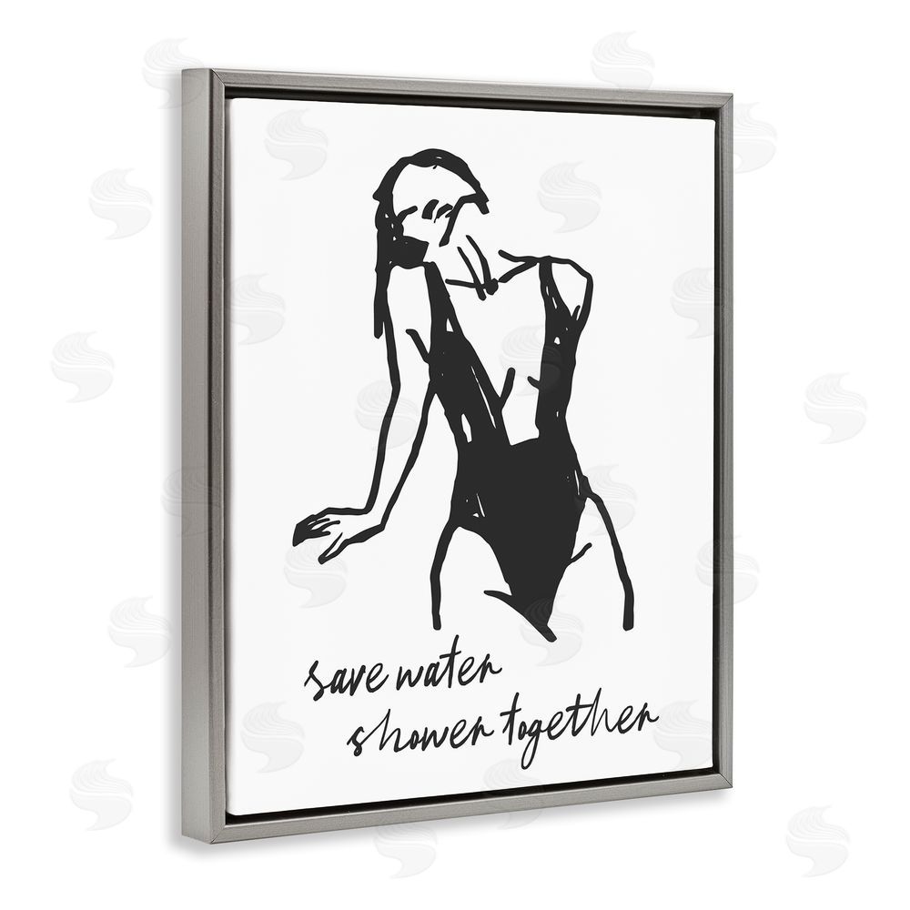 Lettered and Lined Save Water Shower Together Gray Floating Frame Canvas Wall Art Print