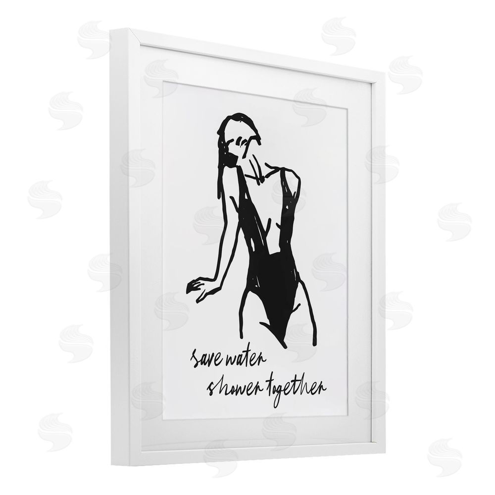Lettered and Lined Save Water Shower Together White Framed Print Under Glass Wall Art