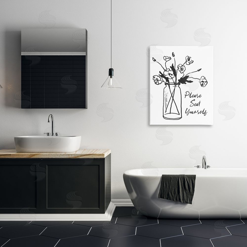 Lettered and Lined Seat Yourself Bathroom Flowers Stretched Canvas Wall Art Print in Room