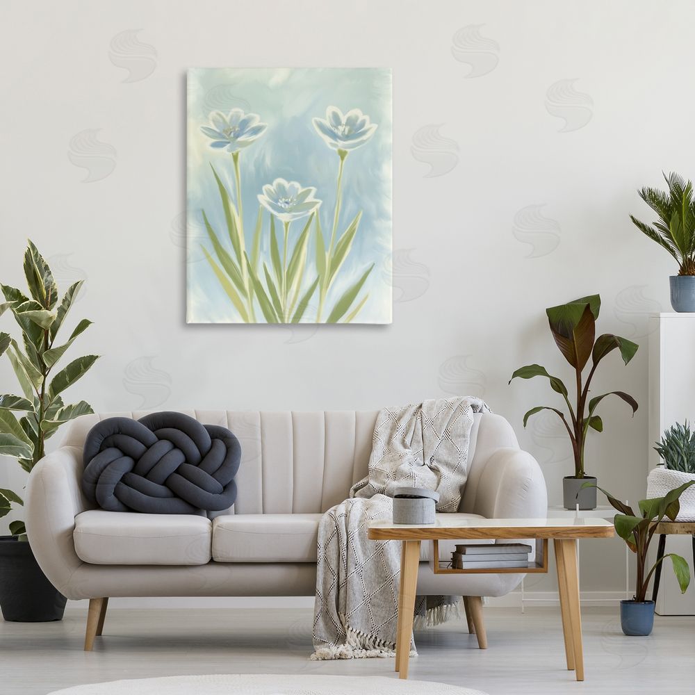 Kim Allen Three Blue Petals Stretched Canvas Wall Art Print in Room