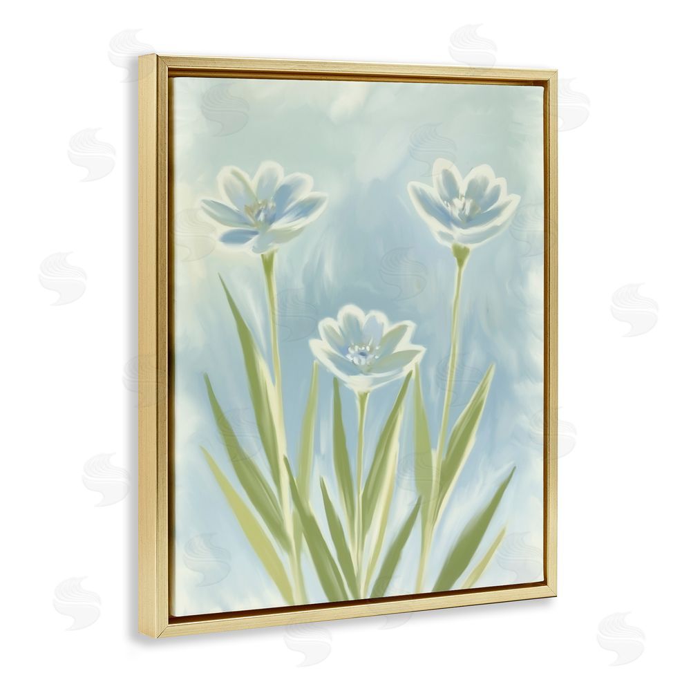 Kim Allen Three Blue Petals Gold Floating Frame Canvas Wall Art Print