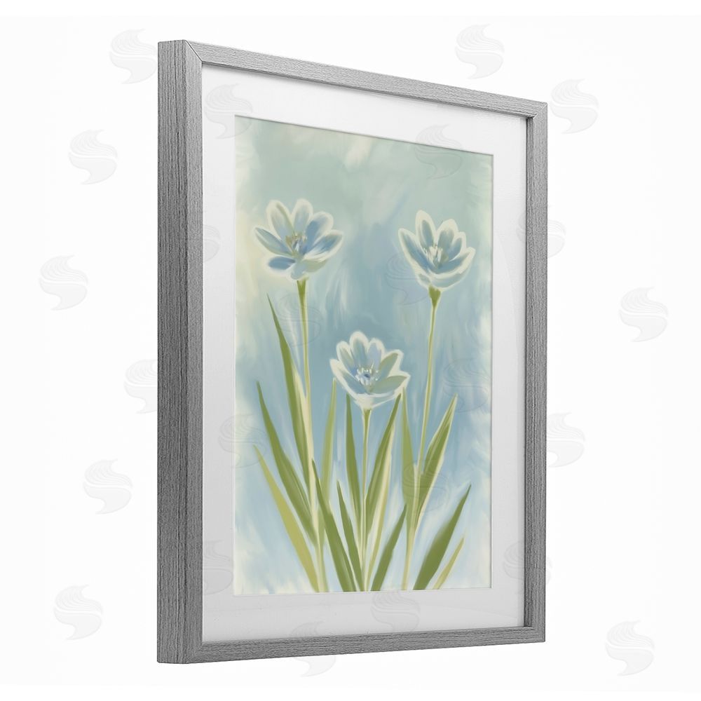 Kim Allen Three Blue Petals Gray Framed Print Under Glass Wall Art