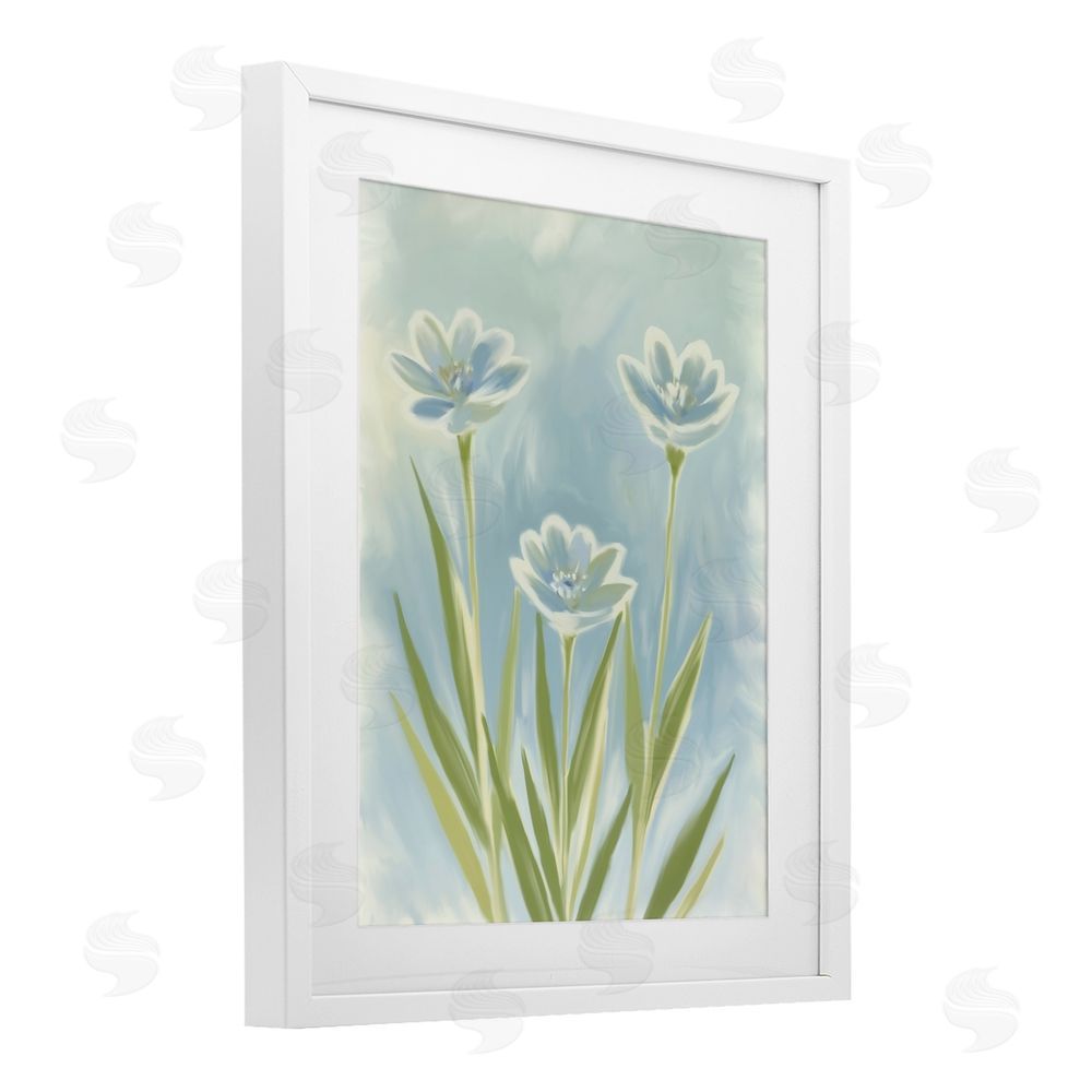Kim Allen Three Blue Petals White Framed Print Under Glass Wall Art
