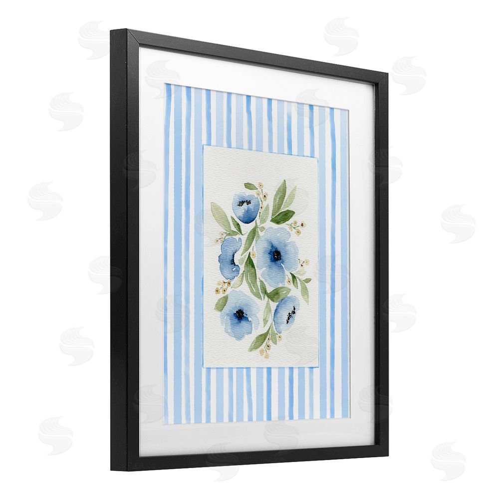 Leah Noel Art Flowers With Stripe Border Black Framed Print Under Glass with Mat Wall Art