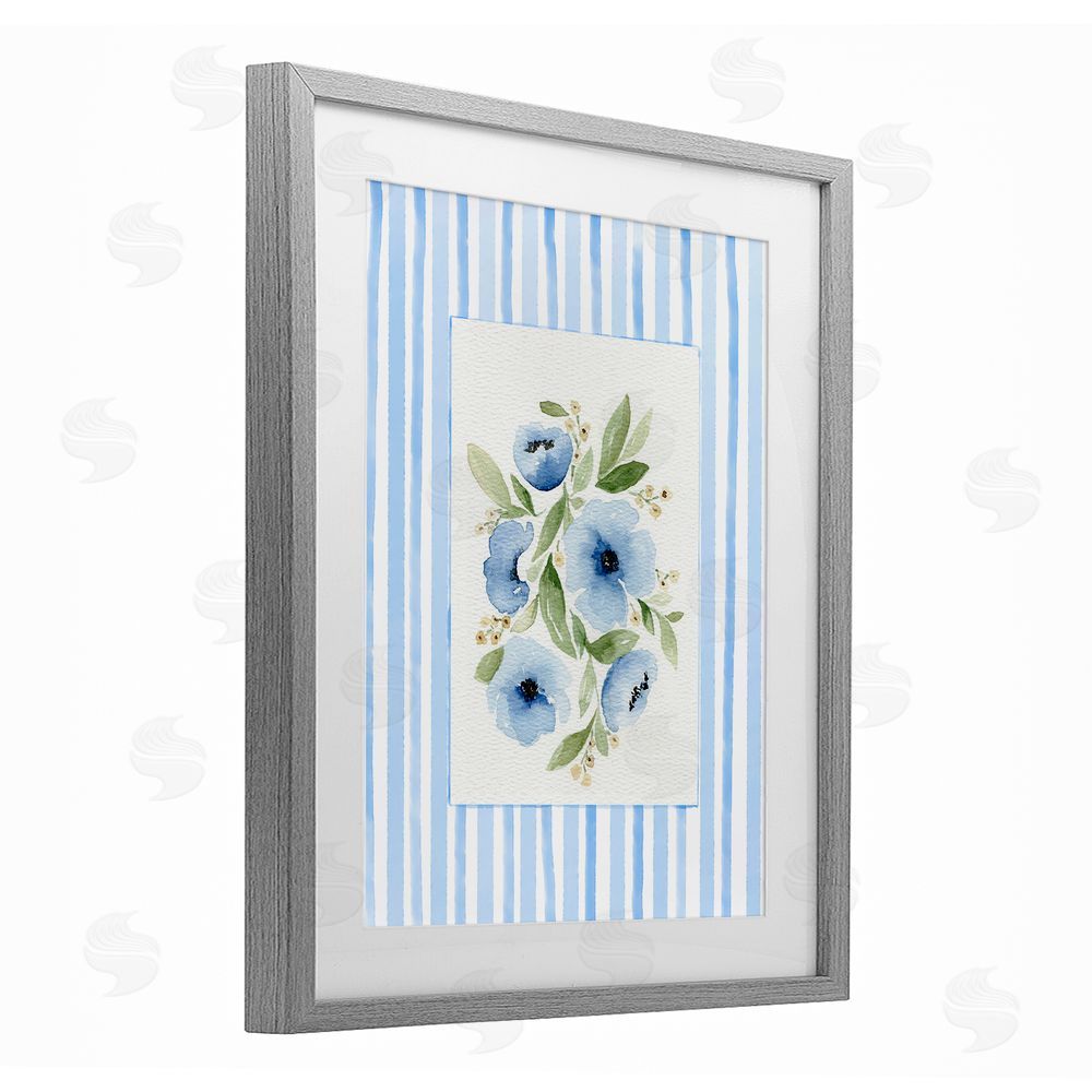 Leah Noel Art Flowers With Stripe Border Gray Framed Print Under Glass with Mat Wall Art