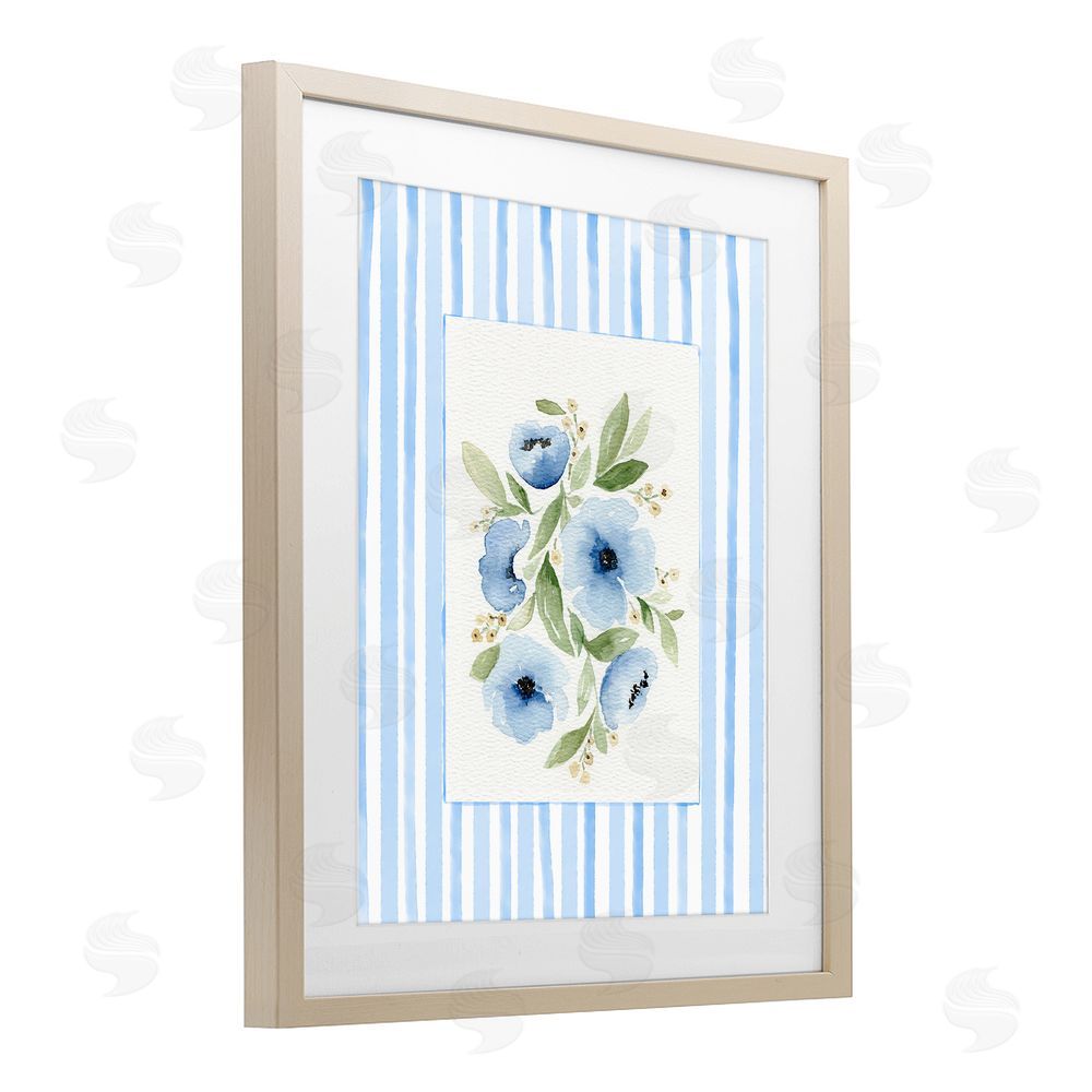 Leah Noel Art Flowers With Stripe Border Brown Framed Print Under Glass with Mat Wall Art