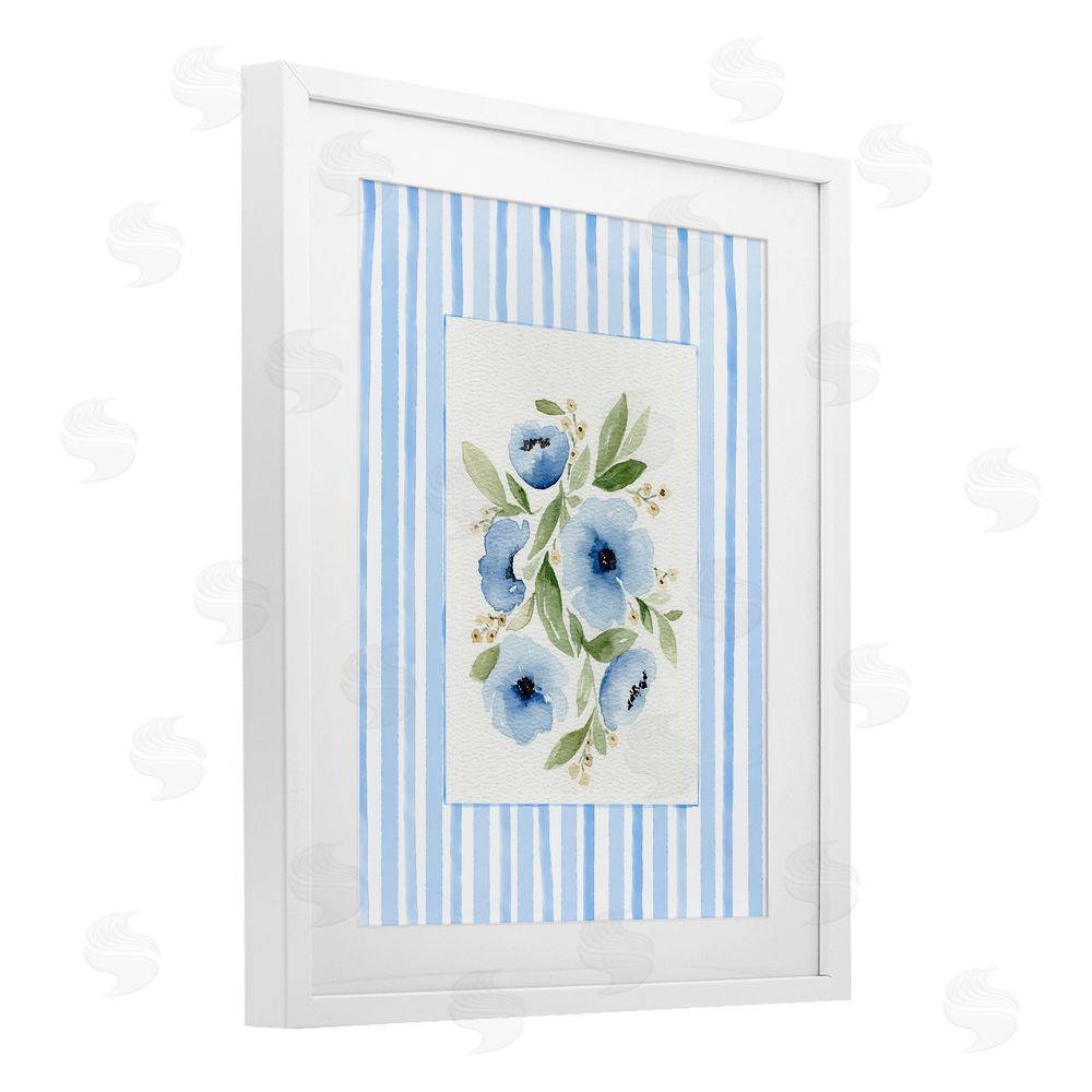 Leah Noel Art Flowers With Stripe Border White Framed Print Under Glass with Mat Wall Art