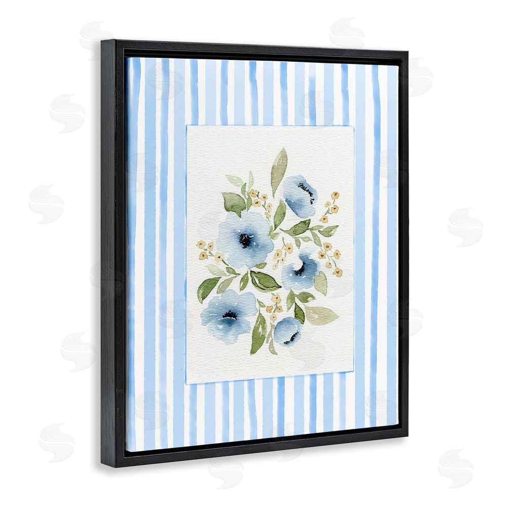 Leah Noel Art Flowers with Blue Stripes Black Floating Frame Canvas Wall Art