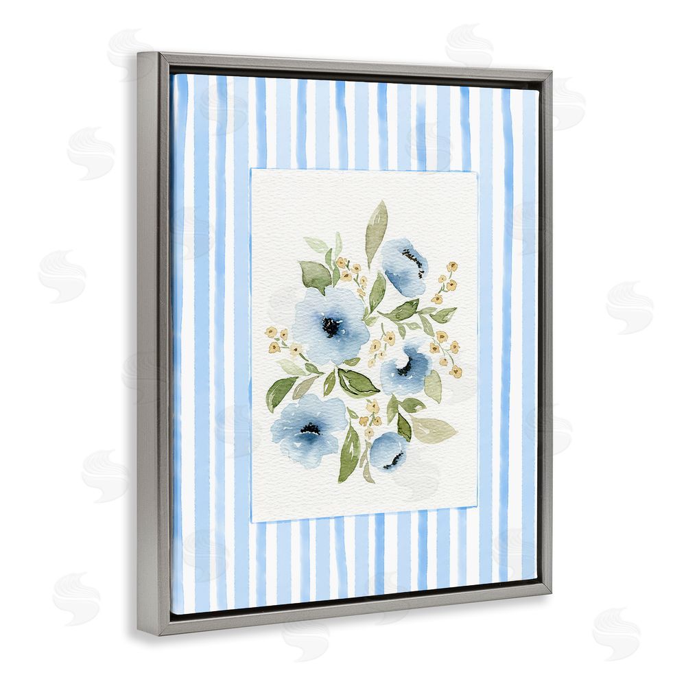 Leah Noel Art Flowers with Blue Stripes Gray Floating Frame Canvas Wall Art