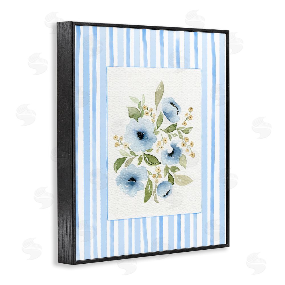 Leah Noel Art Flowers with Blue Stripes Blacked Framed Giclee Wall Art Print