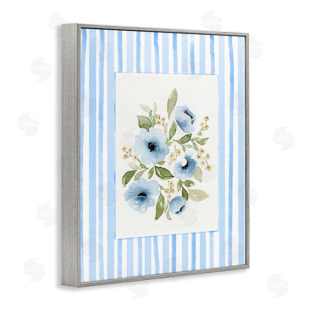 Leah Noel Art Flowers with Blue Stripes Gray Framed Giclee Wall Art Print