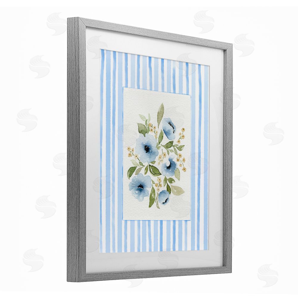 Leah Noel Art Flowers with Blue Stripes Gray Framed Print Under Glass with Mat Wall Art