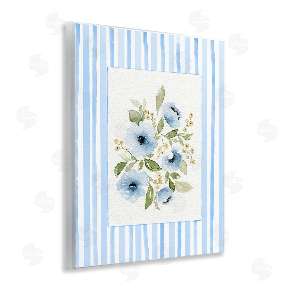 Leah Noel Art Flowers with Blue Stripes Wooden Wall Plaque Art Print