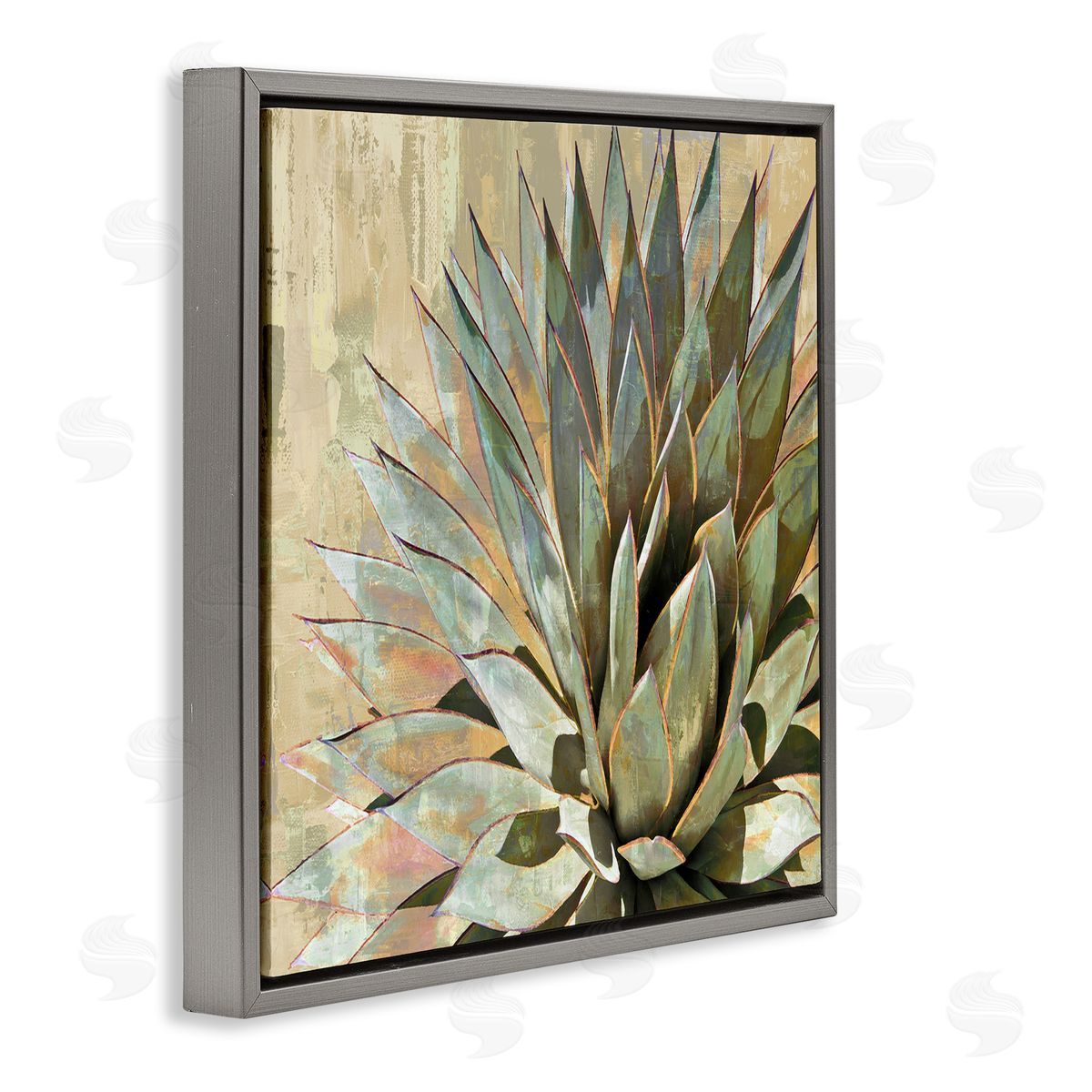 Green Succulent Agave Leaves Grey Floating Frame Canvas Wall Art, Home Decor by Lindsay Benson