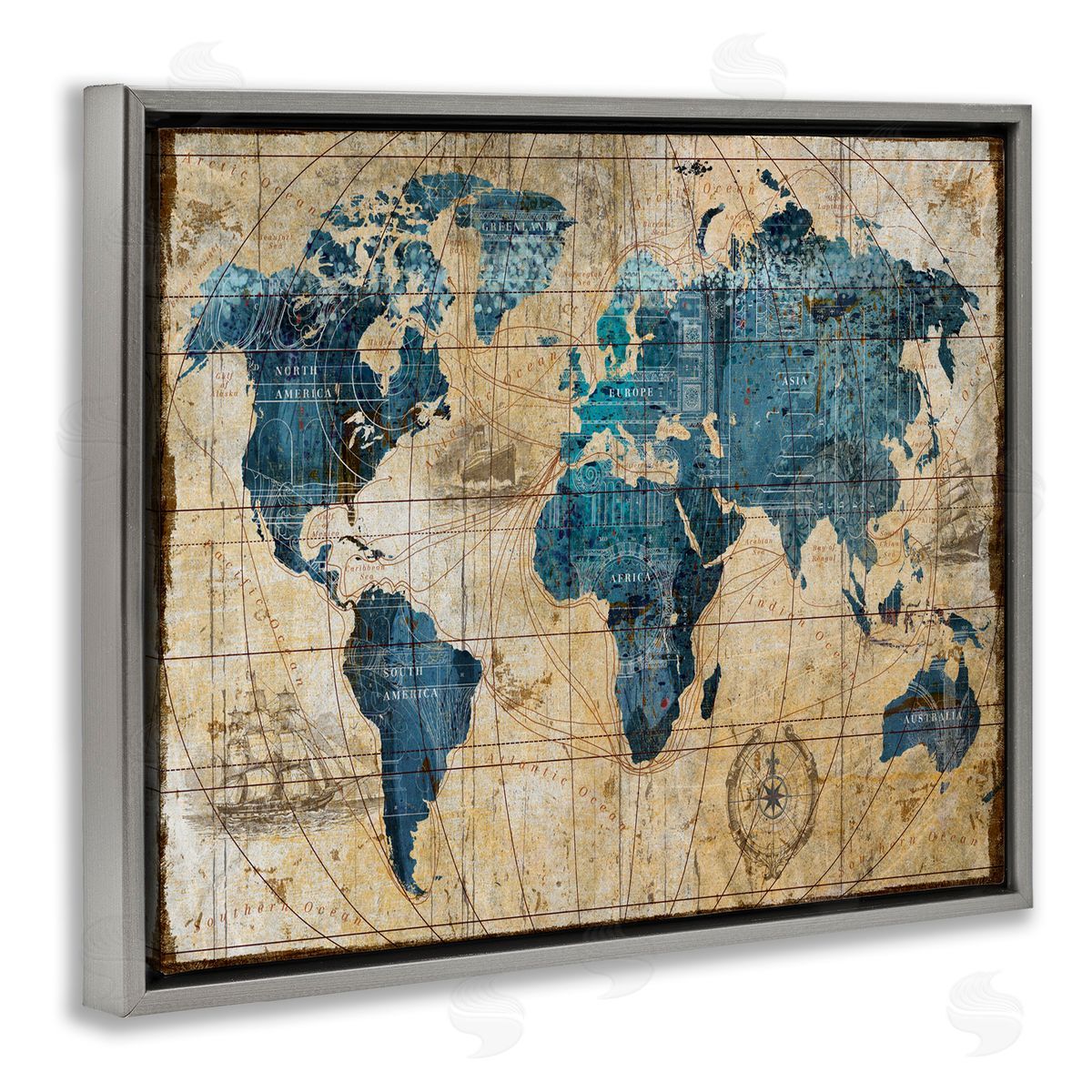 Vintage Abstract World Map Design Grey Floating Frame Canvas Wall Art, Home Decor by Art Licensing Studio