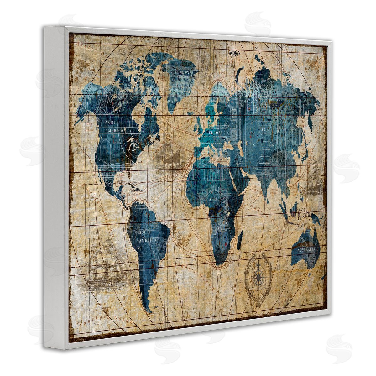 Vintage Abstract World Map Design White Frame Print Wall Art, Home Decor by Art Licensing Studio
