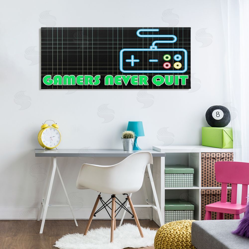 Kim Allen Gamers Never Quit Neon Stretched Canvas Wall Art in Room