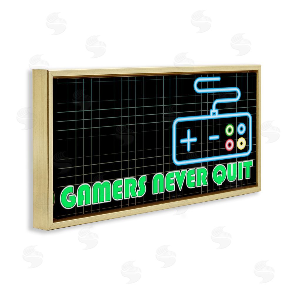Kim Allen Gamers Never Quit Neon Gold Floating Frame Canvas Wall Art