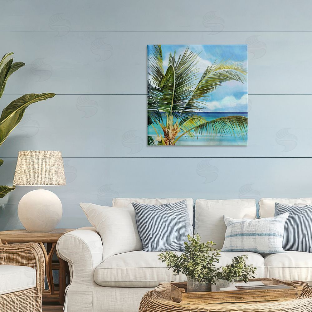 Mauro Devereaux Lush Palm Watercolor View Stretched Canvas Wall Art in Room