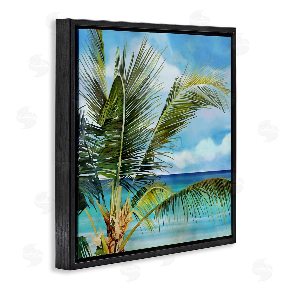 Mauro Devereaux Lush Palm Watercolor View Black Floating Frame Canvas Wall Art