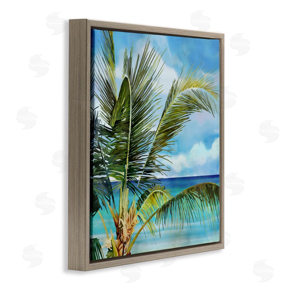 Mauro Devereaux Lush Palm Watercolor View Brown Floating Frame Canvas Wall Art