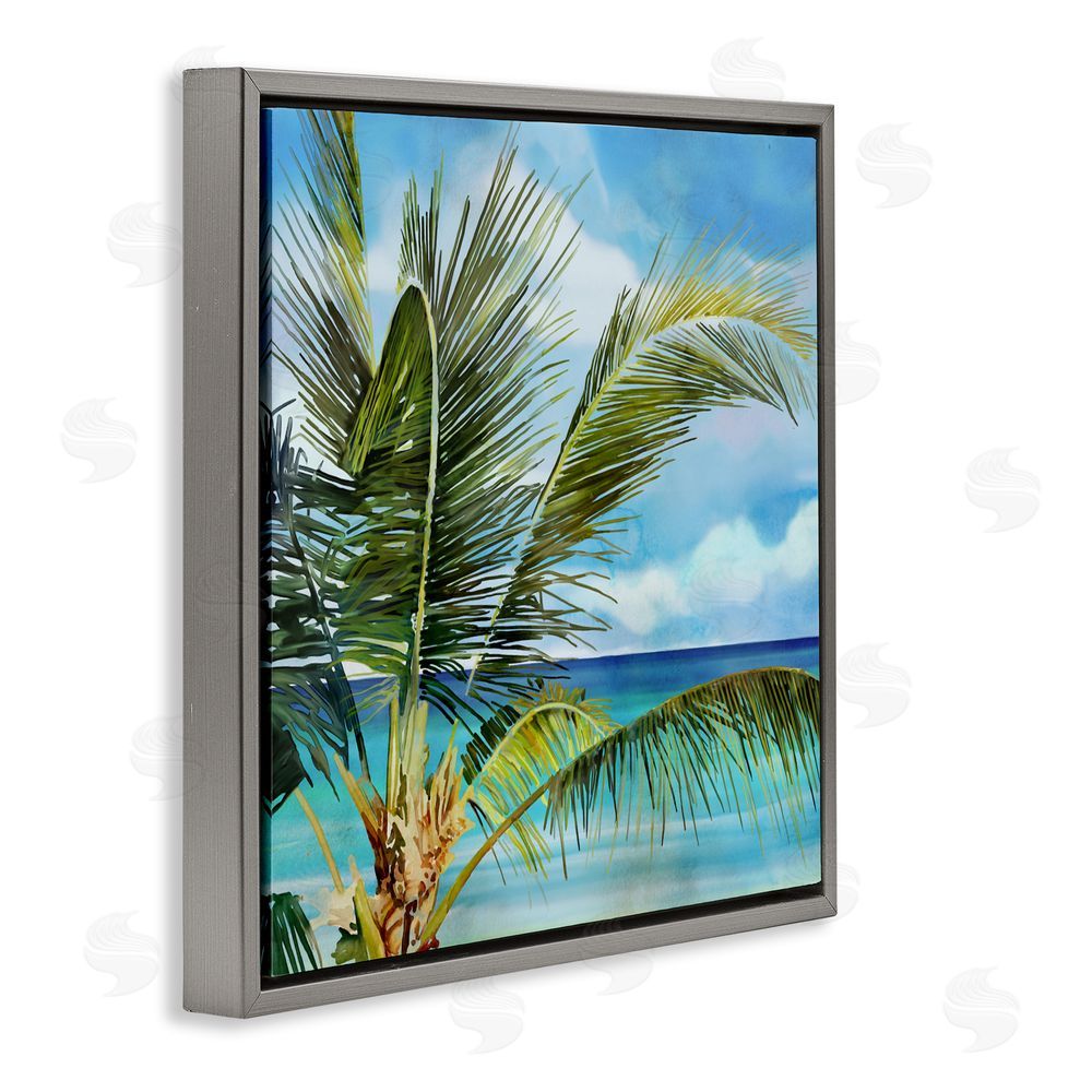 Mauro Devereaux Lush Palm Watercolor View Gray Floating Frame Canvas Wall Art