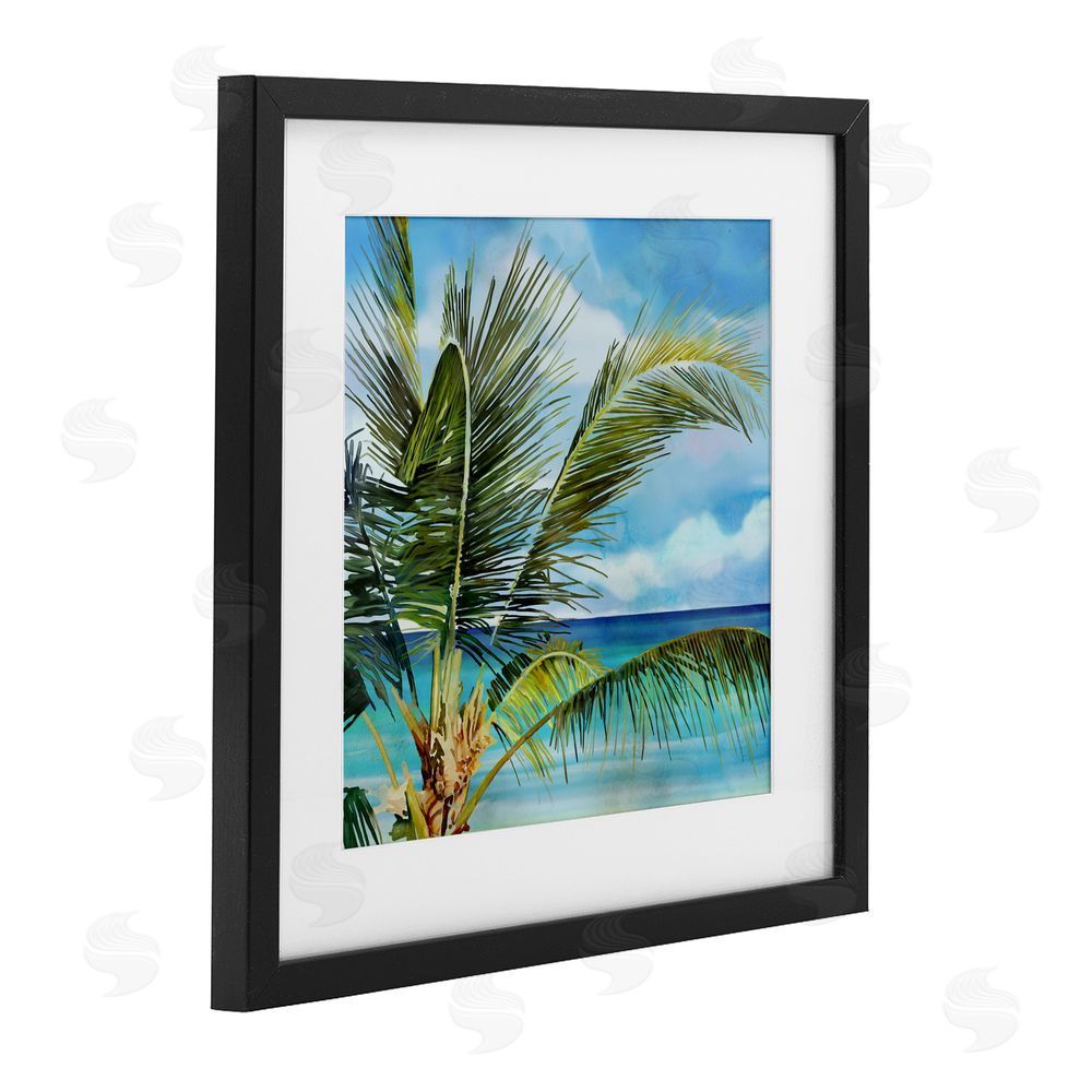 Mauro Devereaux Lush Palm Watercolor View Black Framed Print Under Glass with Mat Wall Art