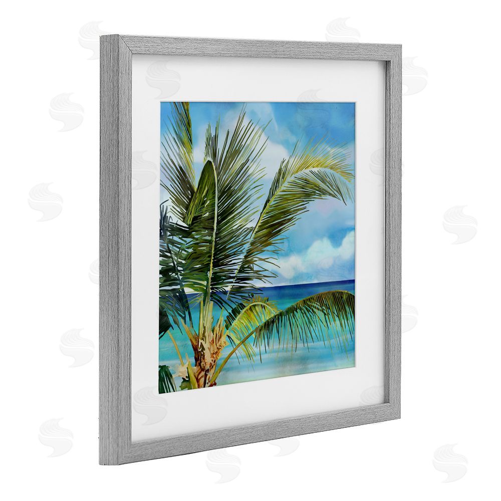 Mauro Devereaux Lush Palm Watercolor View Gray Framed Print Under Glass with Mat Wall Art