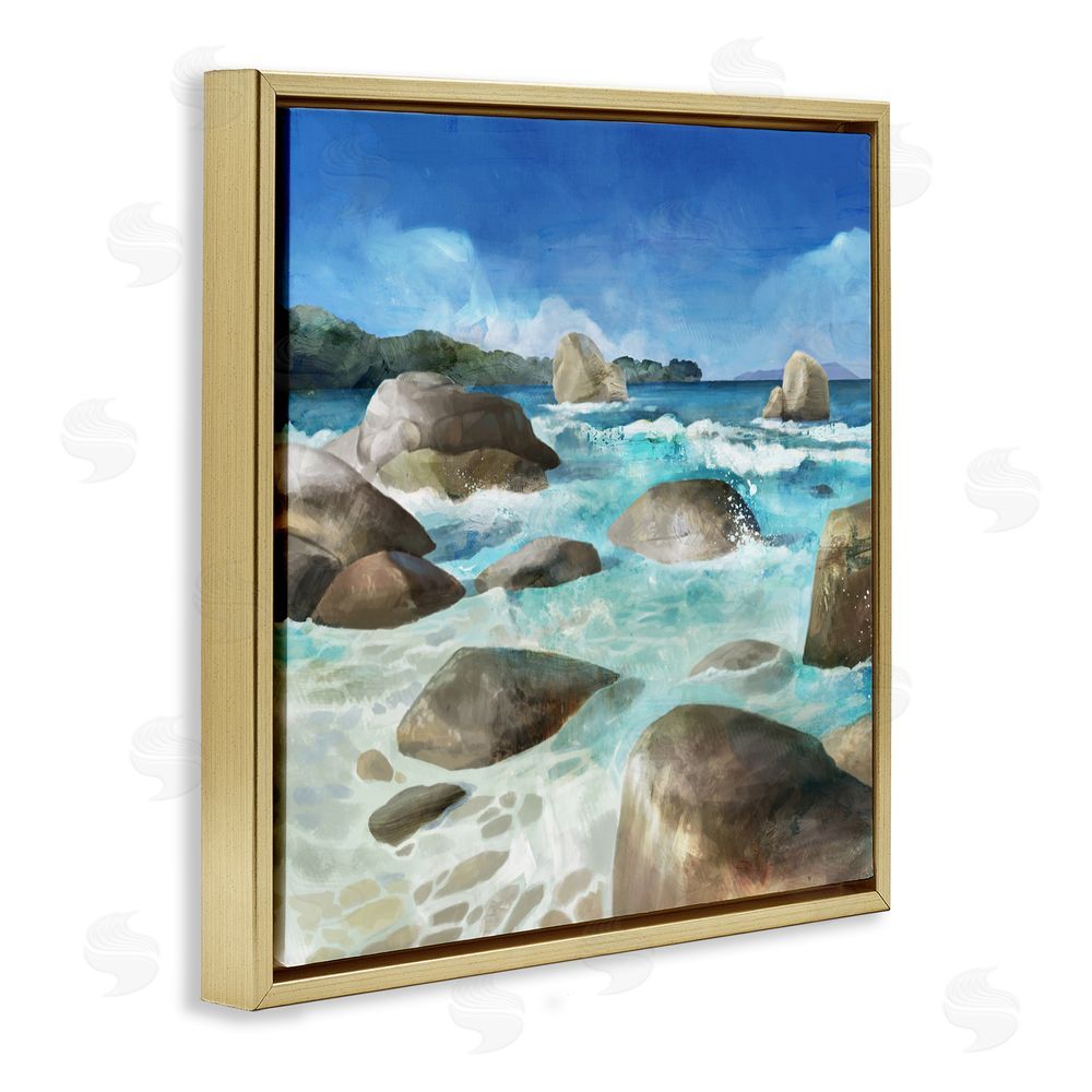 Mauro Devereaux Low Tide Rocks on Shore Gold Floating Frame Canvas Wall Art