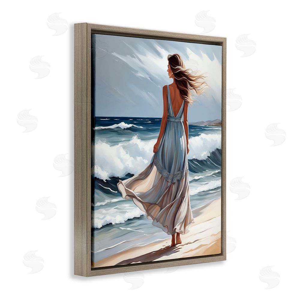 Tabz Jones Walk In The Waves Brown Floating Frame Canvas Wall Art Print