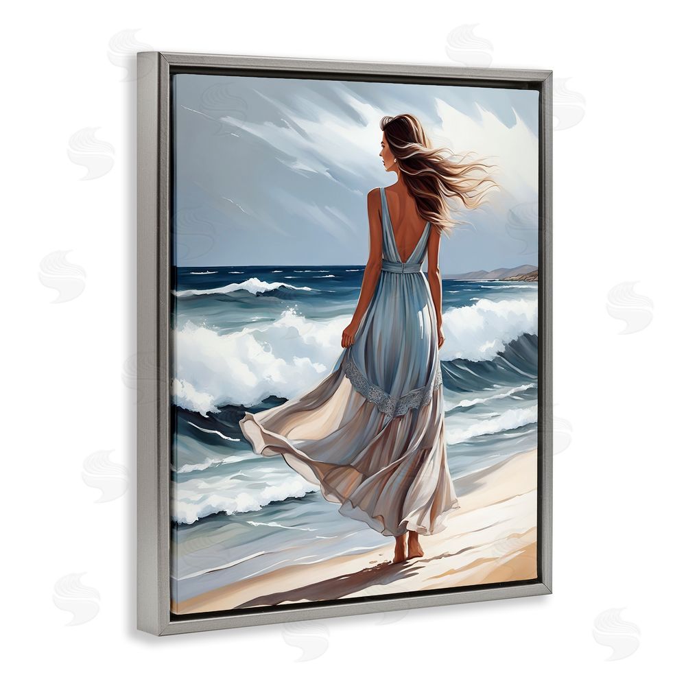 Tabz Jones Walk In The Waves Gray Floating Frame Canvas Wall Art Print