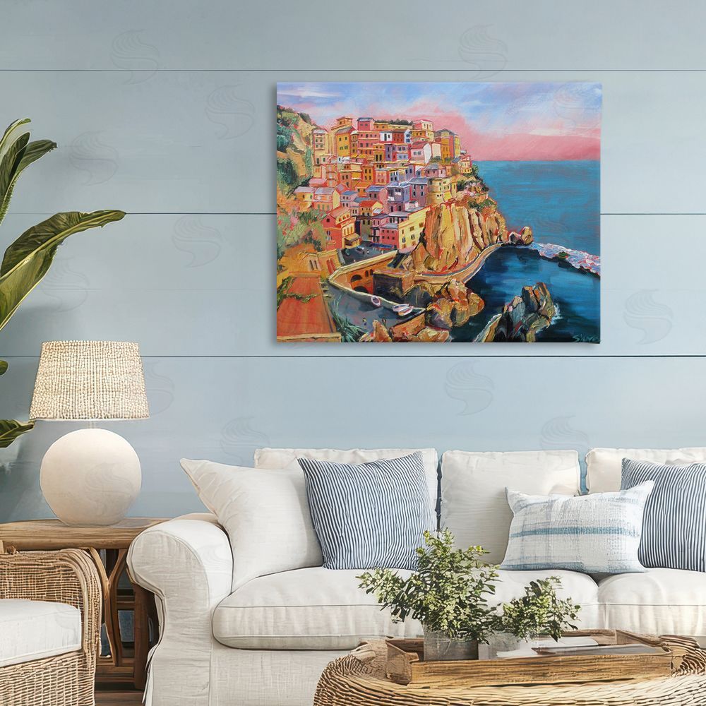 Maxine Shore Cinque Terre Seascape Architecture Stretched Canvas Wall Art in Room