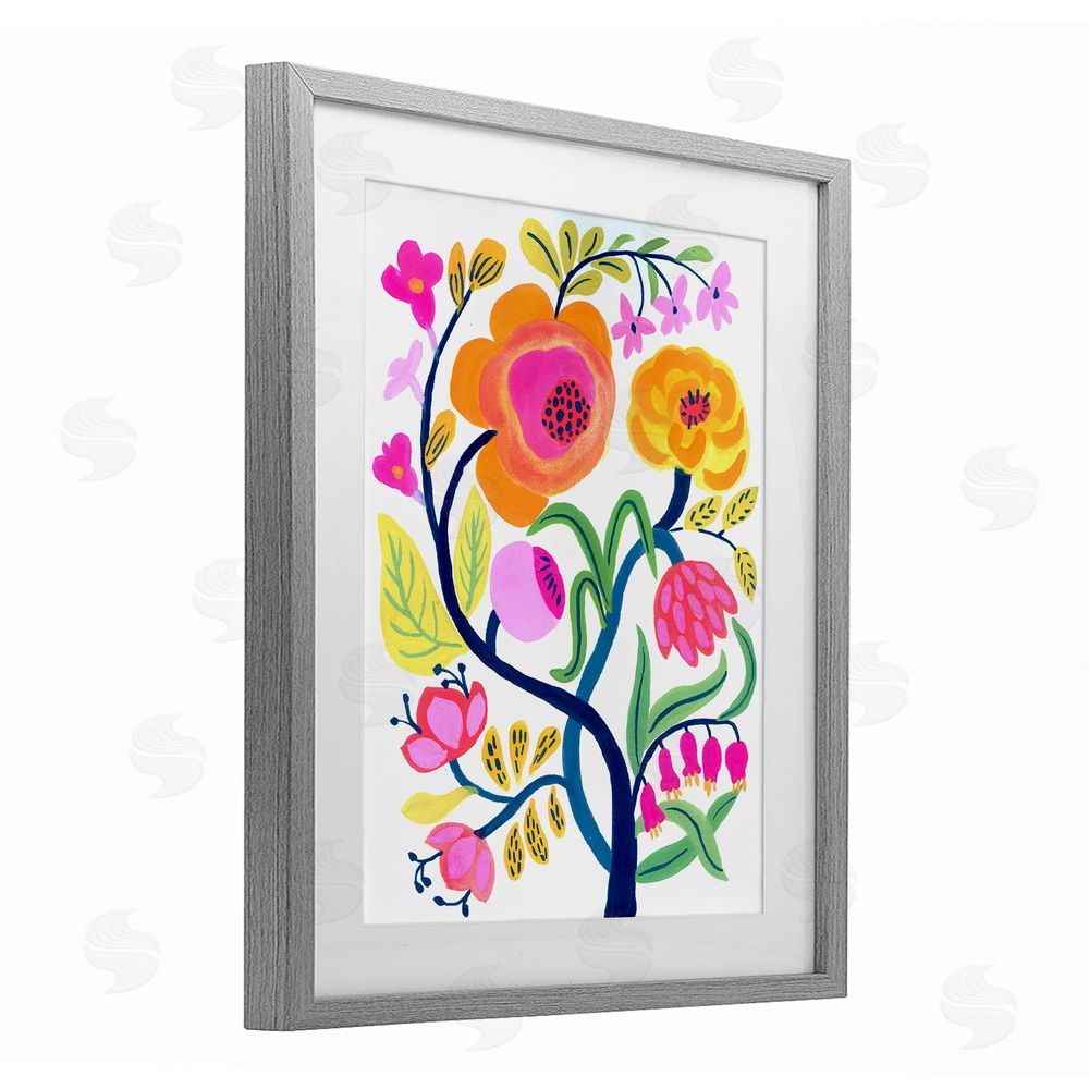 Suzanne Allard Blue Tree with Warm Flowers Gray Framed Print Under Glass Wall Art