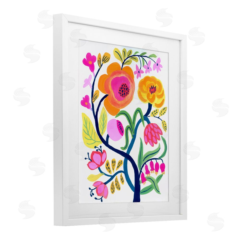 Suzanne Allard Blue Tree with Warm Flowers White Framed Print Under Glass Wall Art