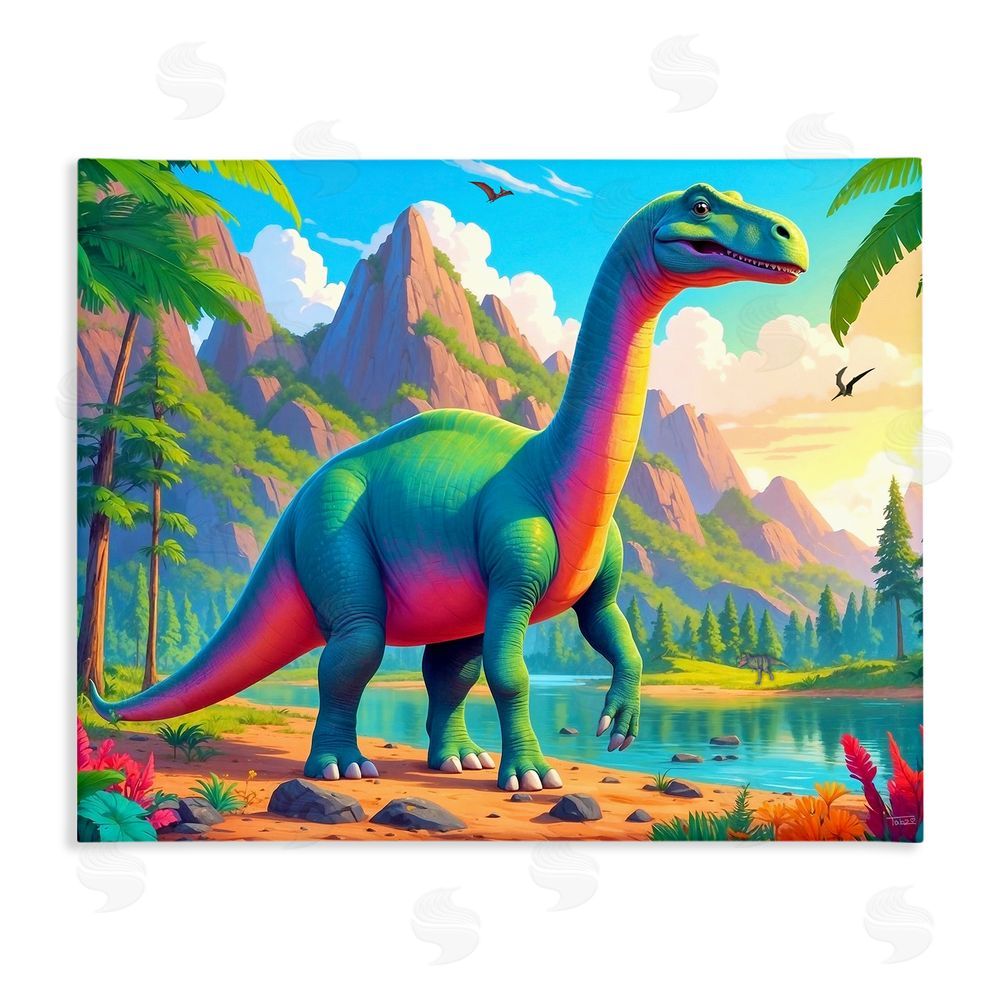 Tabz Jones Vibrant Brontosaurus by River Stretched Canvas Wall Art Print