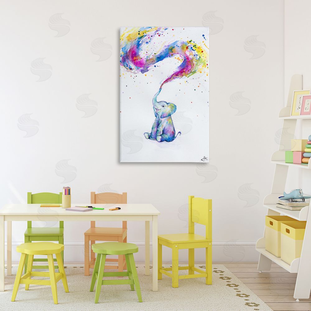 Marc Allante Spring Elephant & Paint Splatter Stretched Canvas Wall Art Print in Room