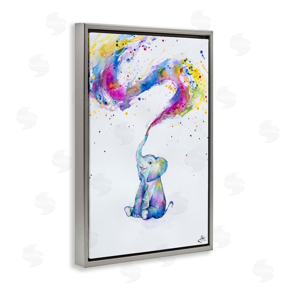 Marc Allante Spring Elephant & Paint Splatter Gray Floating Frame Canvas Wall Art Print