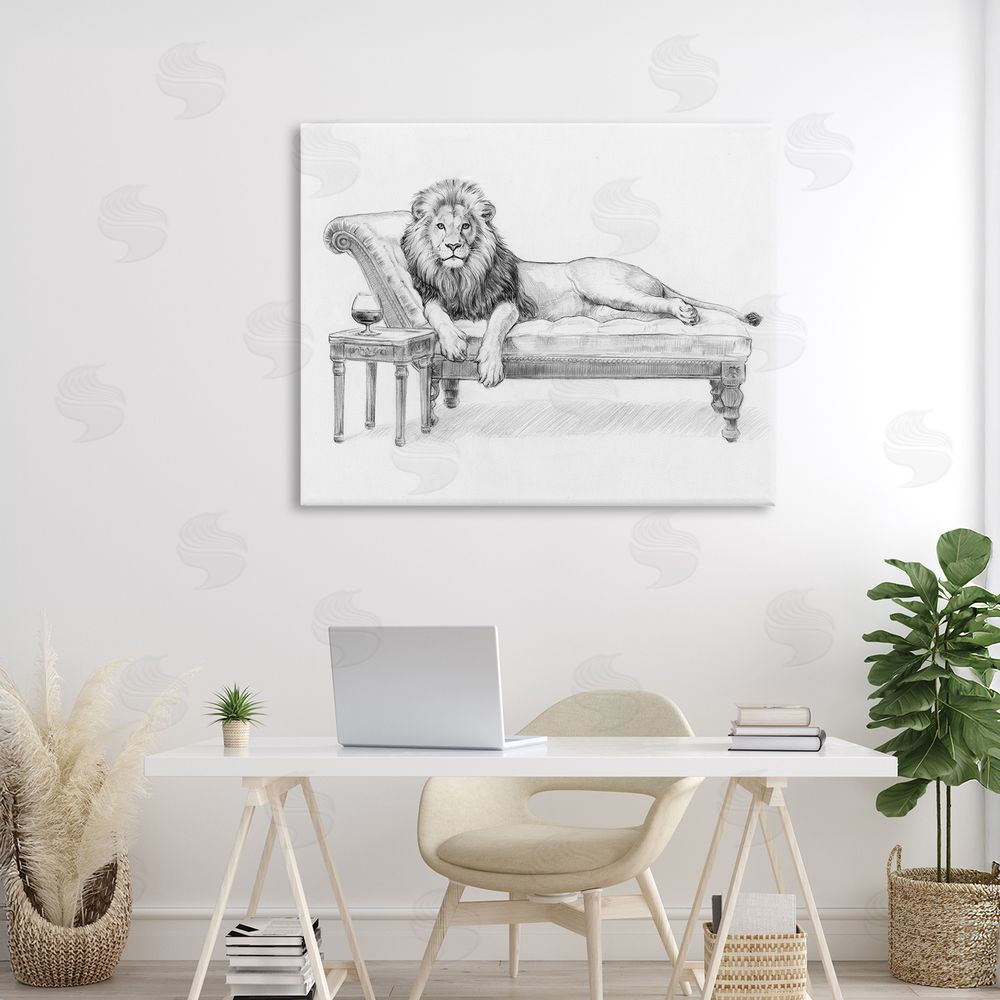 Victoria Barnes Lounging Beast Lion Stretched Canvas Wall Art in Room