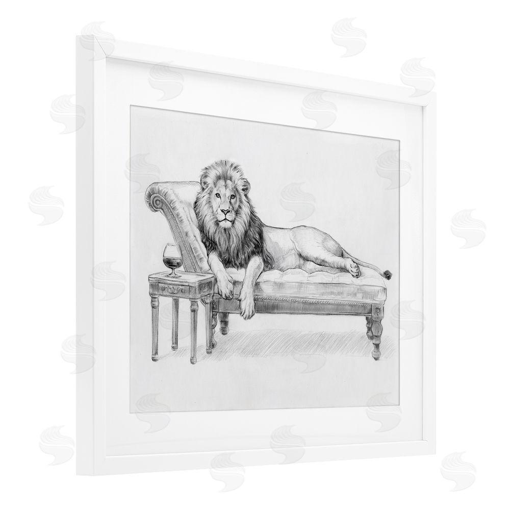 Victoria Barnes Lounging Beast Lion White Framed Print Under Glass with Mat Wall Art