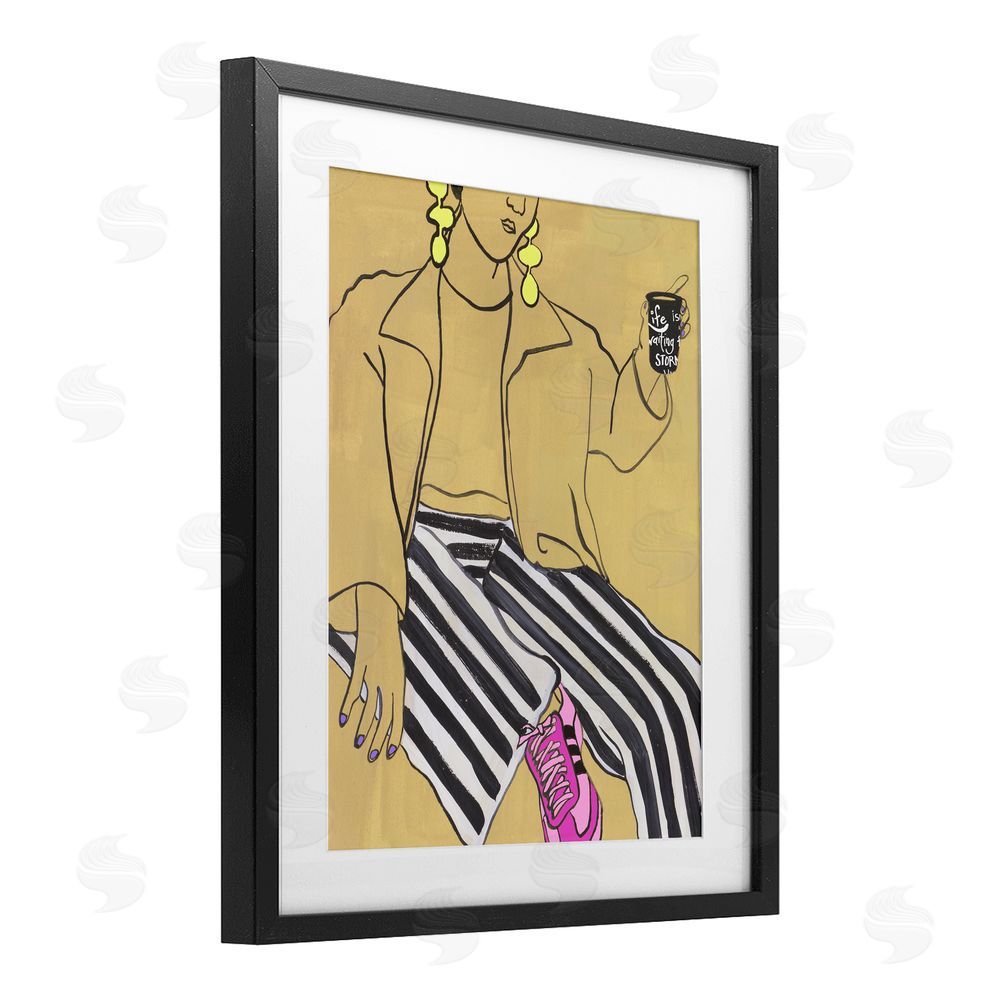 Melissa Wang Fashion Girl in Stripes Black Framed Print Under Glass with Mat Wall Art
