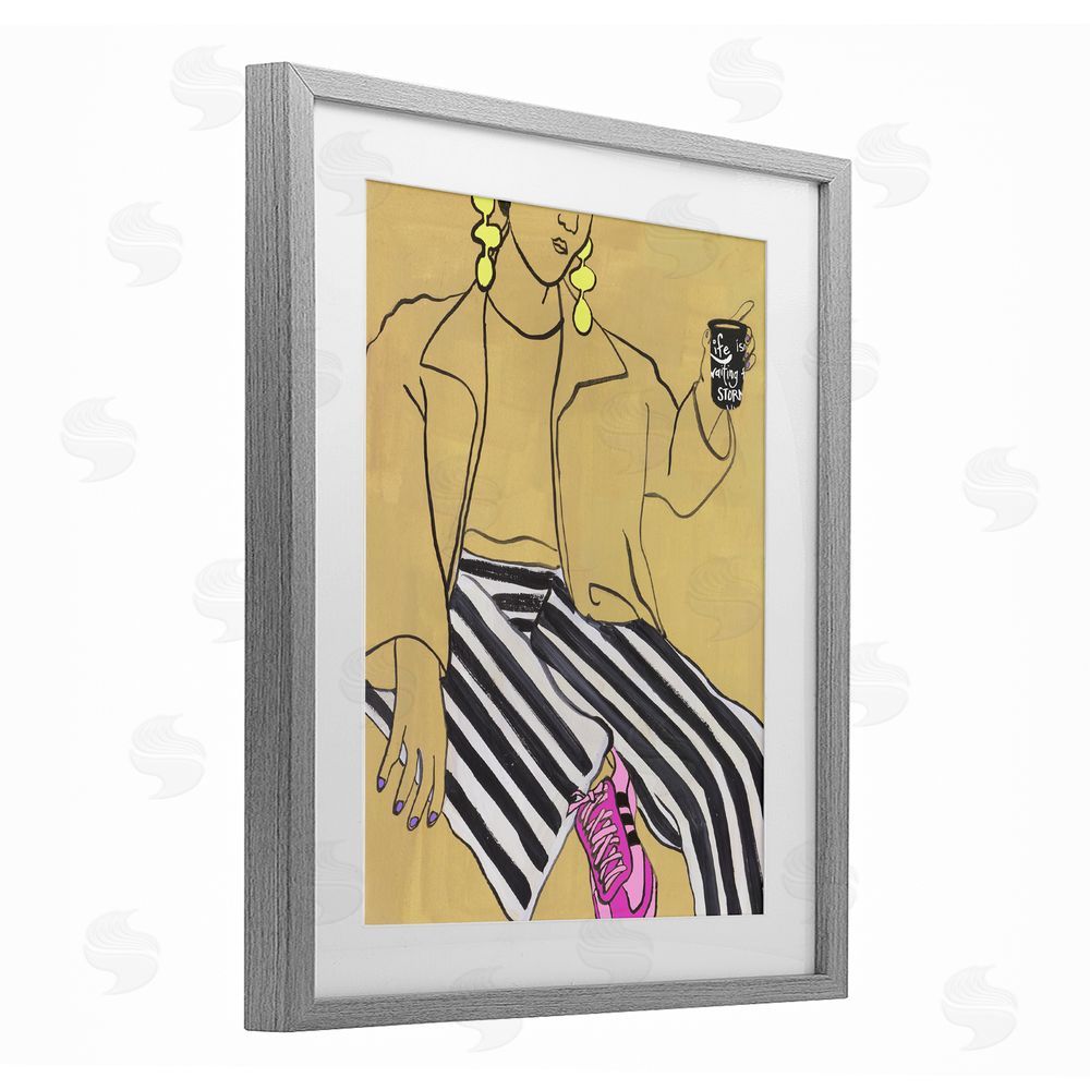 Melissa Wang Fashion Girl in Stripes Gray Framed Print Under Glass with Mat Wall Art
